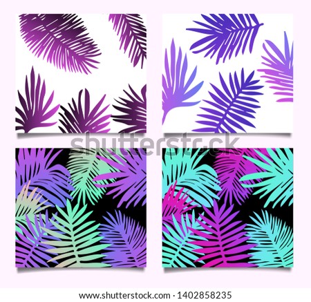 Set of posters, cards, covers with palm leaves pattern. Neon synthwave/ vaporwave colors, 80s-90s vibrant aesthtetics.