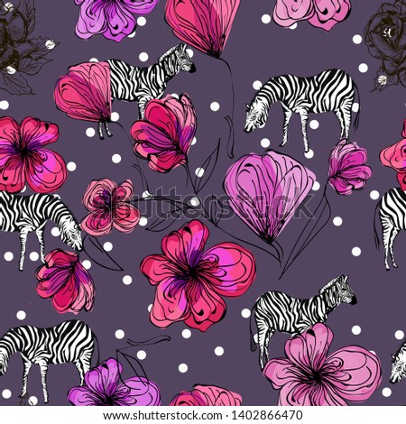 trendy seamless pattern with zebra, flowers on white dots and purple background, design for textile texture