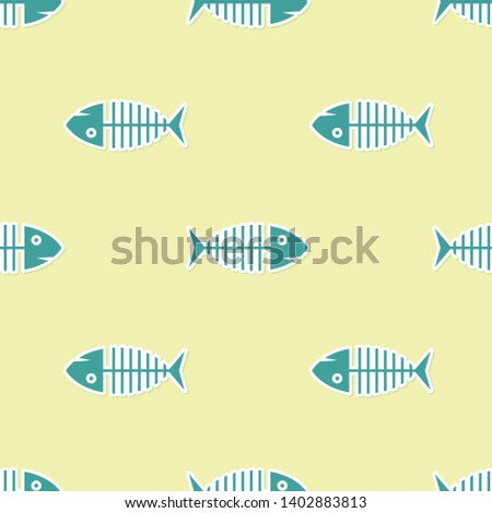 Green Fish skeleton icon isolated seamless pattern on yellow background. Fish bone sign. Vector Illustration