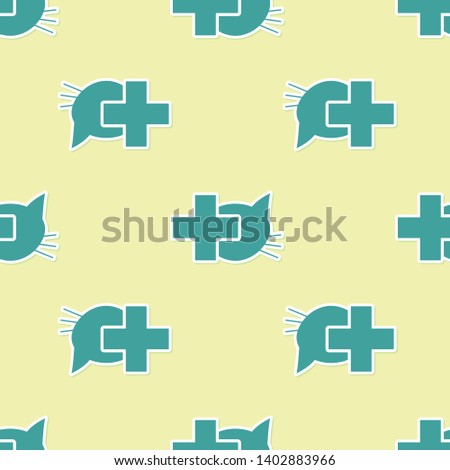 Green Veterinary clinic symbol icon isolated seamless pattern on yellow background. Cross with cat veterinary care. Pet First Aid sign. Vector Illustration