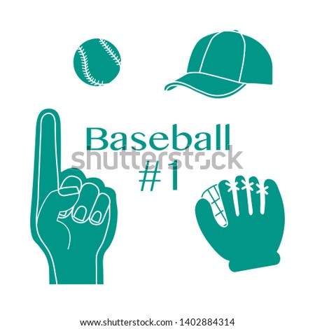Vector illustration with baseball foam finger, ball, cap, glove. Sports background. Design for banner, poster or print.