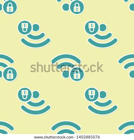 Green Wifi locked sign icon isolated seamless pattern on yellow background. Password Wi-fi symbol. Wireless Network icon. Wifi zone. Vector Illustration