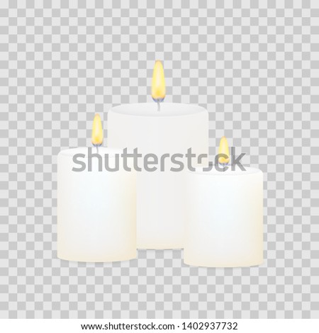 Burning candles set. Aromatic decorative round cylindrical candle sticks. Vector stock illustrtaion.