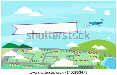 Light airplane carrying a blank banner for announcements of sale or events. Editable Clip Art.