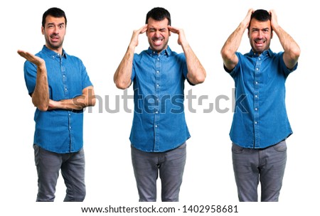 Set of Handsome man with blue shirt unhappy and frustrated with something. Negative facial expression