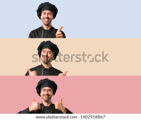 Set of Chef man In black uniform giving a thumbs up gesture and smiling because something good has happened on colorful background
