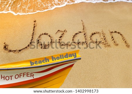 Jordan title on the sand beach of the coast Red sea. Rest. Hot offer.