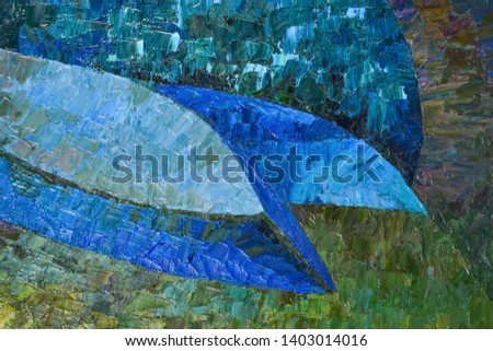 Fishing boats on the shore. Modern Art.  Fragment of oil painting artwork close up. Large strokes of blue and green paint are applied to the canvas with a palette knife. 