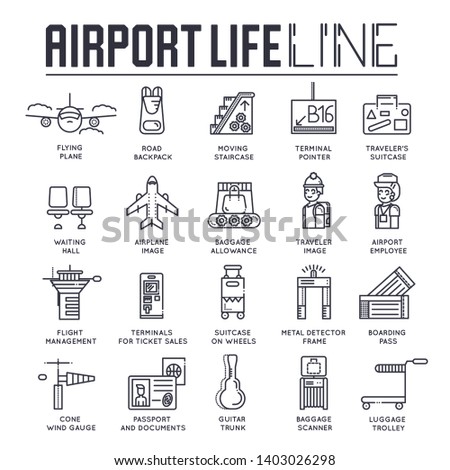 Set of thin line icons about business and tourist air trips isolated on white. Outline airport life and services pictograms collection. Flight and travel logos. Vector elements for infographic, web.