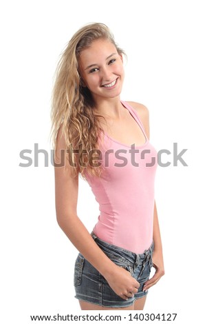 Portrait of a beautiful teenager girl student smiling and posing isolated on a white background