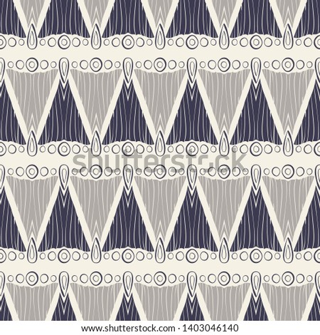 Ethnic textured seamless geometric pattern with bark texture and hand drawn symbols. Dark inky blue with gray / grey and ivory. Great for textiles, home decor, fashion, graphic design and stationery.