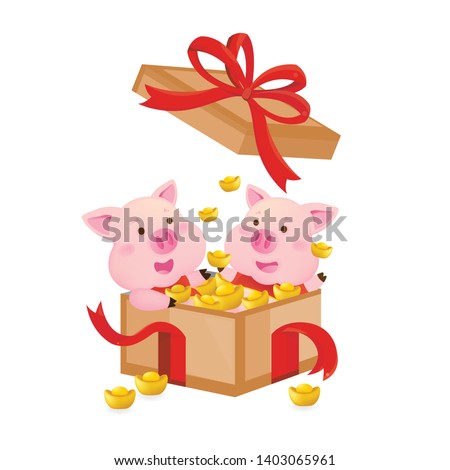 Vector illustration cute pigs and golden in big gift box.