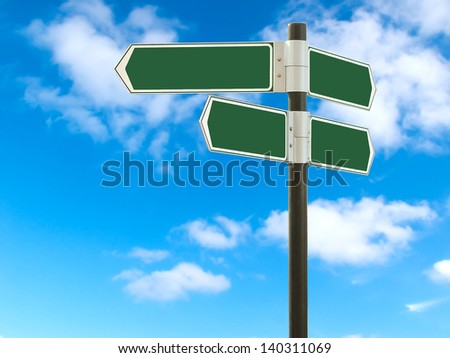 Road sign against the blue sky