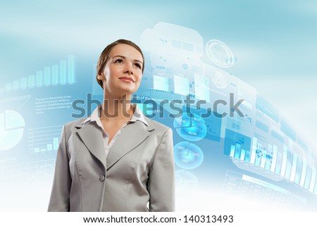 Image of attractive businesswoman against hightech background