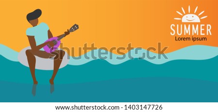 Young man playing acoustic ukulele on the rubber ring in the pool.Summer vacation concept tropical Background copy space for design.
