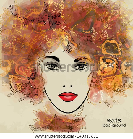 art colorful sketching beautiful girl face on sepia background in vector. Raster version is also in my gallery.