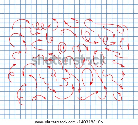 Set of vector curved arrows on copybook background. hand drawn. Sketch doodle style. Collection of pointers. Vector illustration.