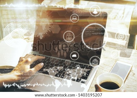 Female hands using laptop with creative business interface and coffee cup. Innovation and finance concept. Double exposure 