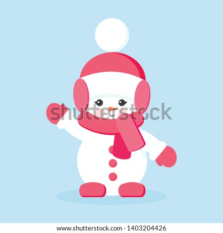 Snowman girl with pink clothes in hello or hi pose. Christmas vector illustration. Isolated cute cartoon snowman in scarf, mittens and hat with pompom in flat style.