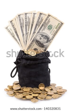 bag of gold coins and dollars isolated on a white background