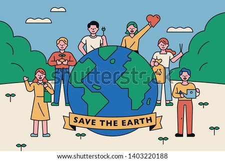 People who stand around the big earth and convey the message of protecting the environment. flat design style minimal vector illustration