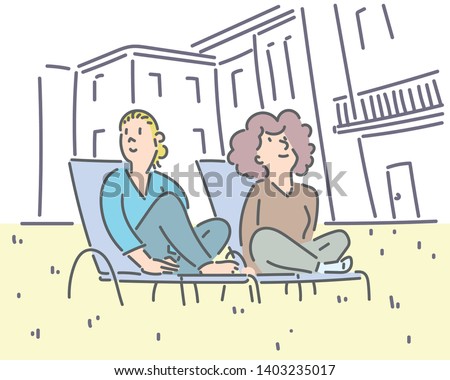 Two women sitting on lawn chairs and resting. hand drawn style vector design illustrations. 