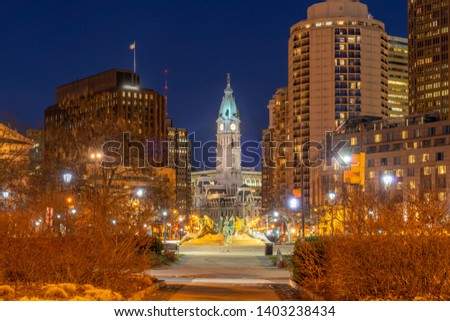 Philadelphia City Hall Clock Tower in Philadelphia, Pennsylvania, USA. Sunset