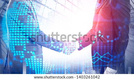 Two unrecognizable businessmen shaking hands in city. Double exposure of global business infographics hologram. Concept of market analysis and fintech. Toned image