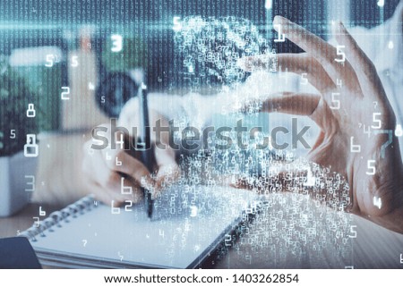 Multi exposure of writing hands on background with data solution hologram. Technology concept.