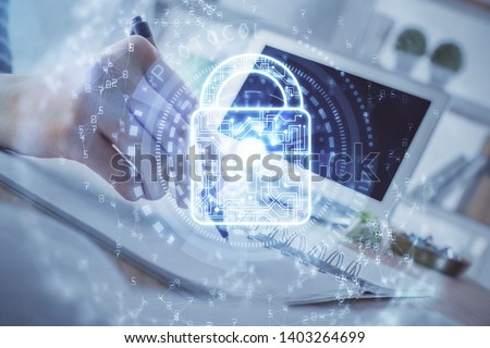 Double exposure of woman's hands writing with lock icon. Concept of security and protection of data