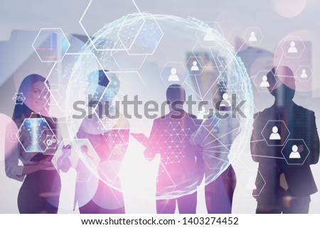 Business people in city. Planet hologram and social connection icons. Telecommunication concept. Toned image double exposure. Elements of this image furnished by NASA