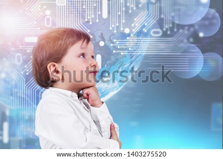Adorable little boy in white shirt thinking standing over planet Earth hologram with circuit interface. Concept of Internet and modern technology. Toned image. Elements of this image furnished by NASA