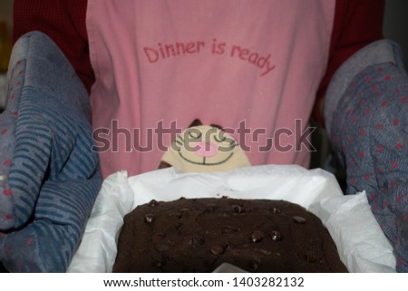 Dark picture of female chef holding baked chocolate brownie by wearing baking gloves and pink apron.