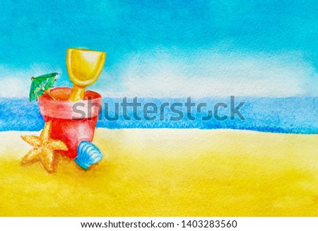 Children's beach toys bucket, spade, umbrella, shell and starfish in the sand against sky, ocean or sea in background as concept for summer holiday and vacations with copy space for text Summer sale.