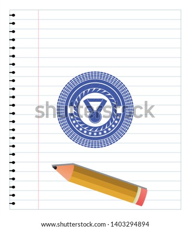 medal icon pen emblem. Blue ink. Vector Illustration. Detailed.