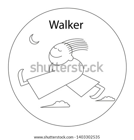 Funny man with his eyes closed walks under the moon.  Vector illustration.