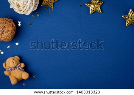 Flat lay baby decor on blue background.Top view decoration baby toys for develop background concept. Copy space for add text.