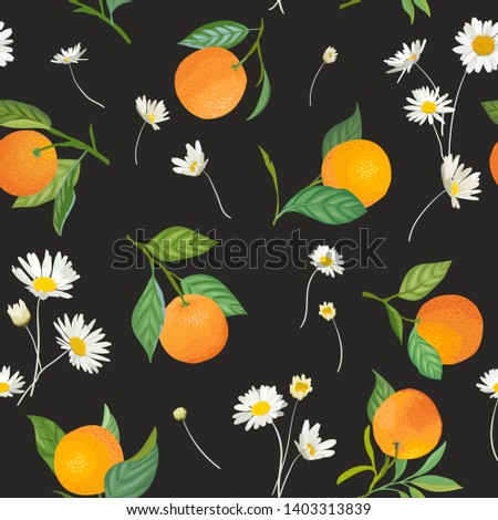Seamless Orange pattern with tropic fruits, leaves, daisy flowers background. Hand drawn vector illustration in watercolor style for summer cover, tropical wallpaper, citrus vintage texture