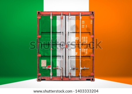  The concept of Ireland export-import, container transporting and national delivery of goods. The transporting container with the national flag of Ireland, view front