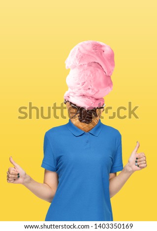 Female body in blue shirt headed by a strawberry icecream with chocolate on yellow background. Negative space to insert your text. Modern design. Contemporary art collage. Vacation, summer, resort.