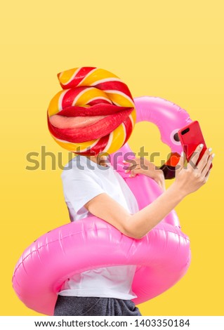 Female body in swim ring headed by a sweets with red lips on yellow background. Negative space to insert your text. Modern design. Contemporary art collage. Makes a selfie. Vacation, summer, resort.