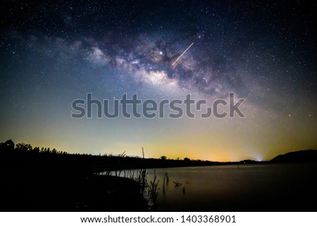 Milky way on the sky at the lake view point in night time 