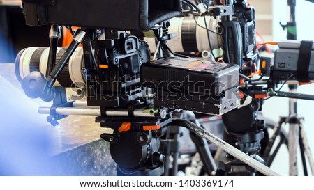 close up image of Professional camera equipment, filming crew