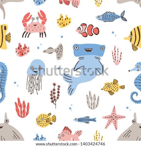 Childish seamless pattern with funny sea and ocean dwellers or marine animals on white background. Colorful illustration in flat cartoon style for textile print, wrapping paper, wallpaper