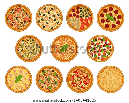 Collection of pizza with various ingredients. Margherita, pepperoni, seafood, cheese, vegetarian, mexican. Objects for packaging, advertisements, menu. Isolated on white. Vector illustration. Cartoon.