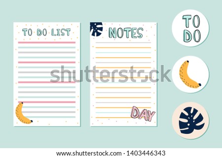 Cute planner or to do lists with doodle stickers. Vector hand drawn illustration.
