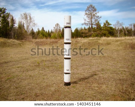 Water level measurement pillar. Large scale. High mark 200. Background - forest, grass.                               
