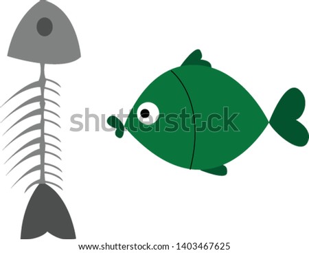 Skeleton of a fish with a green beautiful fat fish , vector, color drawing or illustration.
