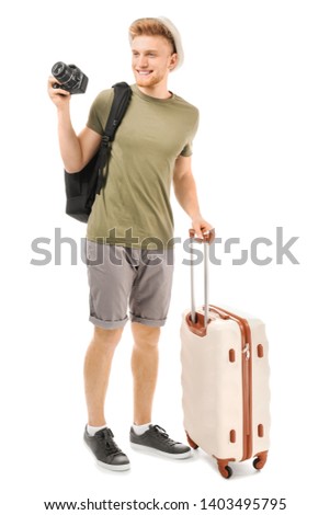 Young tourist on white background