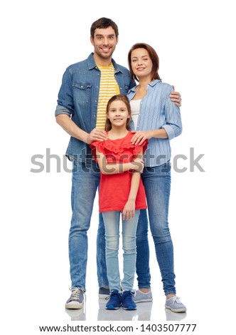family and people concept - happy smiling mother, father and little daughter over white background